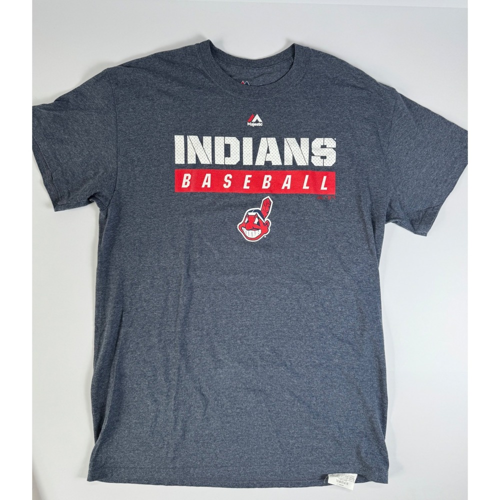 Majestic Cleveland Indians Baseball T-Shirt Mens Medium Gray Chief Wahoo Logo